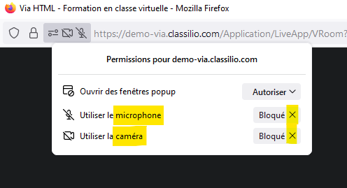 Classilio Via - Autoriser son micro et caméra sur Firefox