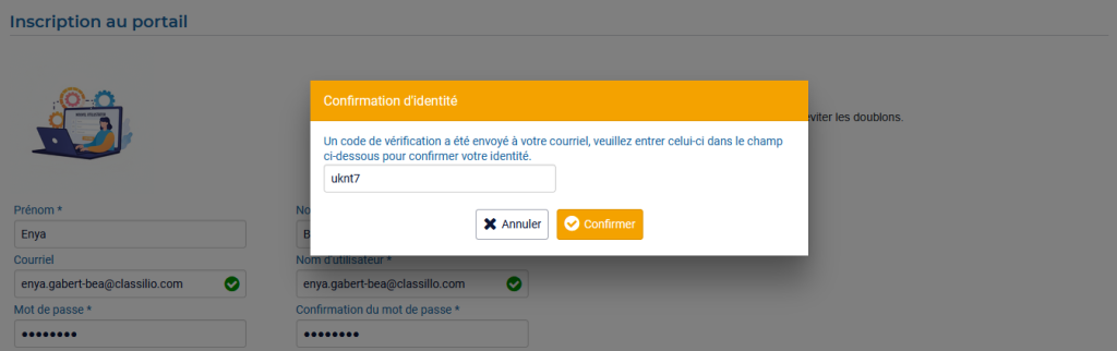 Sur la plateforme Lära LMS, à l'endroit où l'on a validé la création de compte, s'ouvre une fenêtre pour reseigner le code de vérification