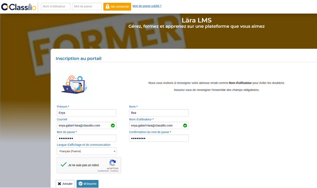 Formulaire de création de compte utilisateur sur la vitrine de Lära LMS. Avec tous les champs à compléter (prénom, nom, courriel...)